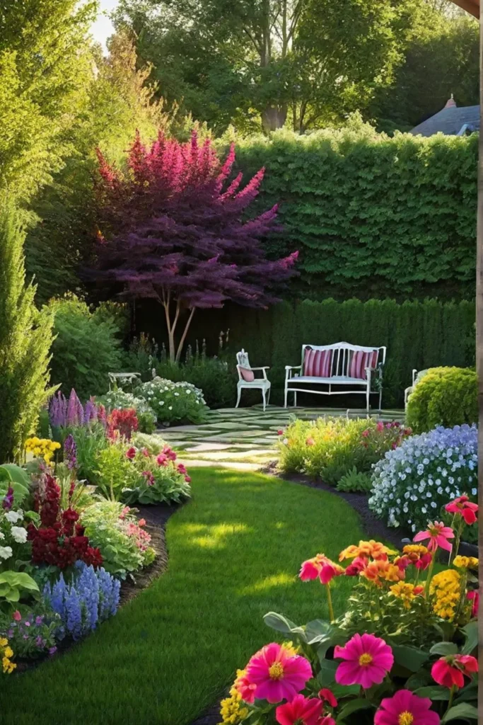 A charming backyard garden brimming with colorful annuals and perennials