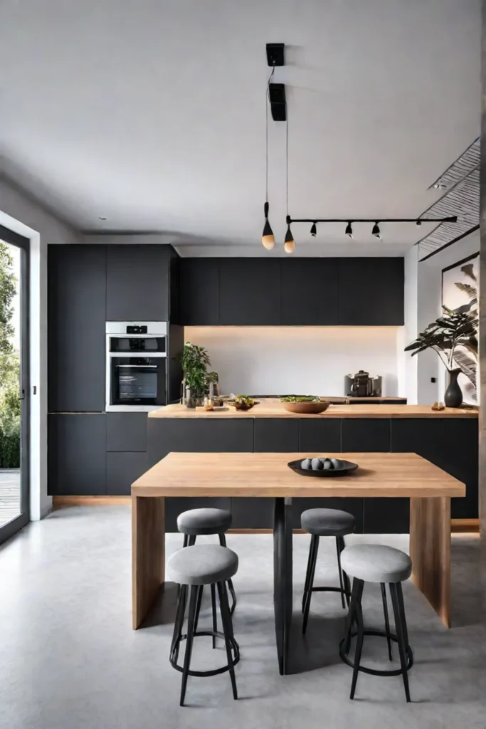 A multifunctional kitchen island with bar stools serves as a dining area in a small space