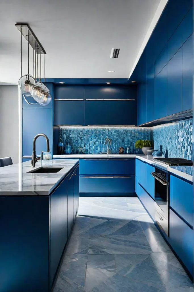 A serene blue kitchen with modern design elements
