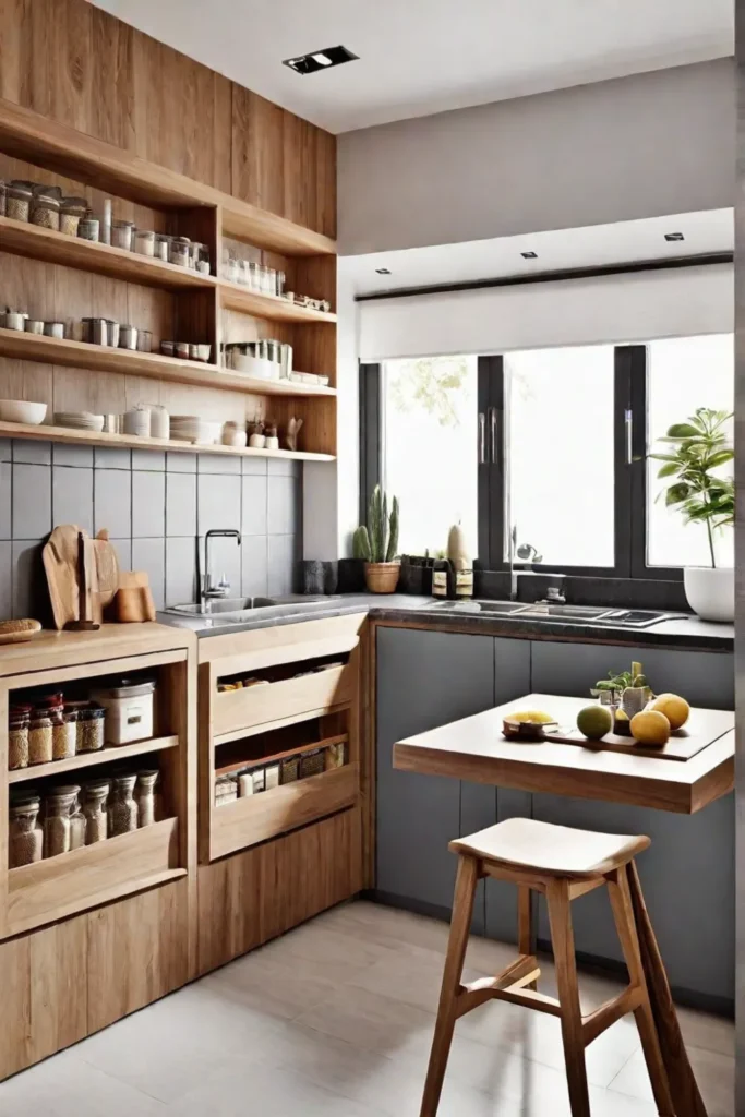 A sunlit tiny kitchen with spacesaving furniture