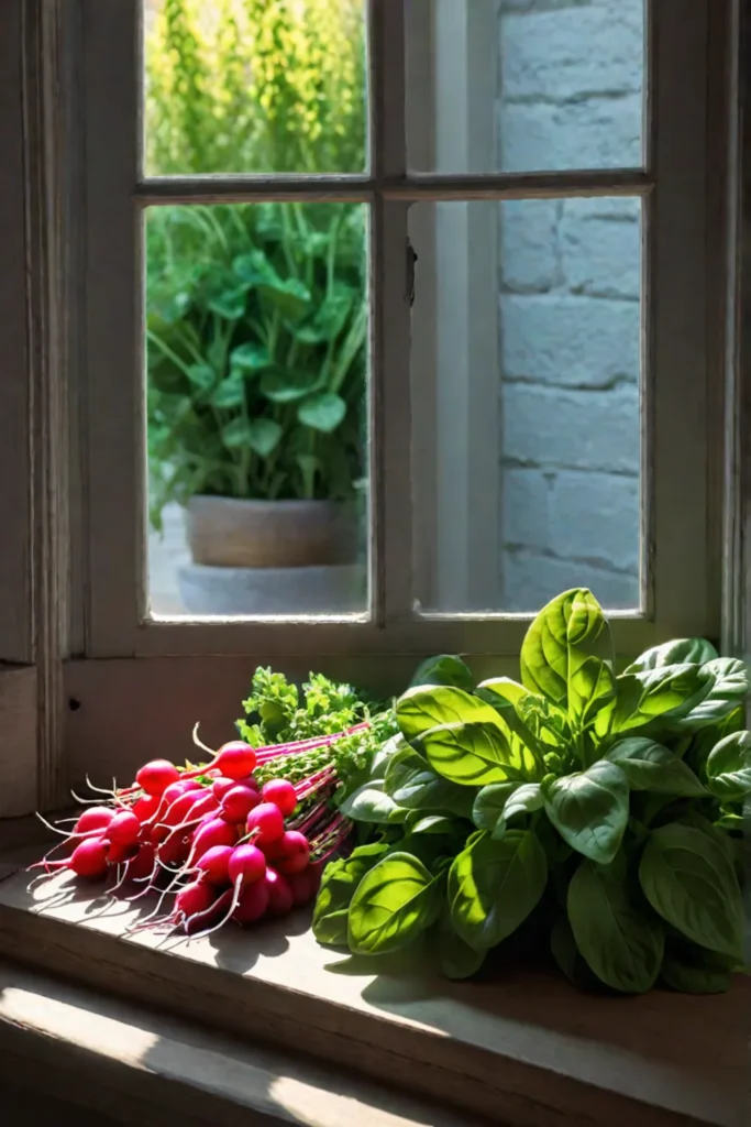 A vibrant windowsill herb and vegetable garden bathed in sunlight