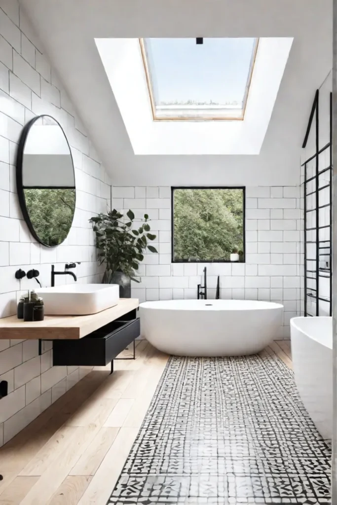 Air Scandinavian bathroom with geometric patterns and black fixtures