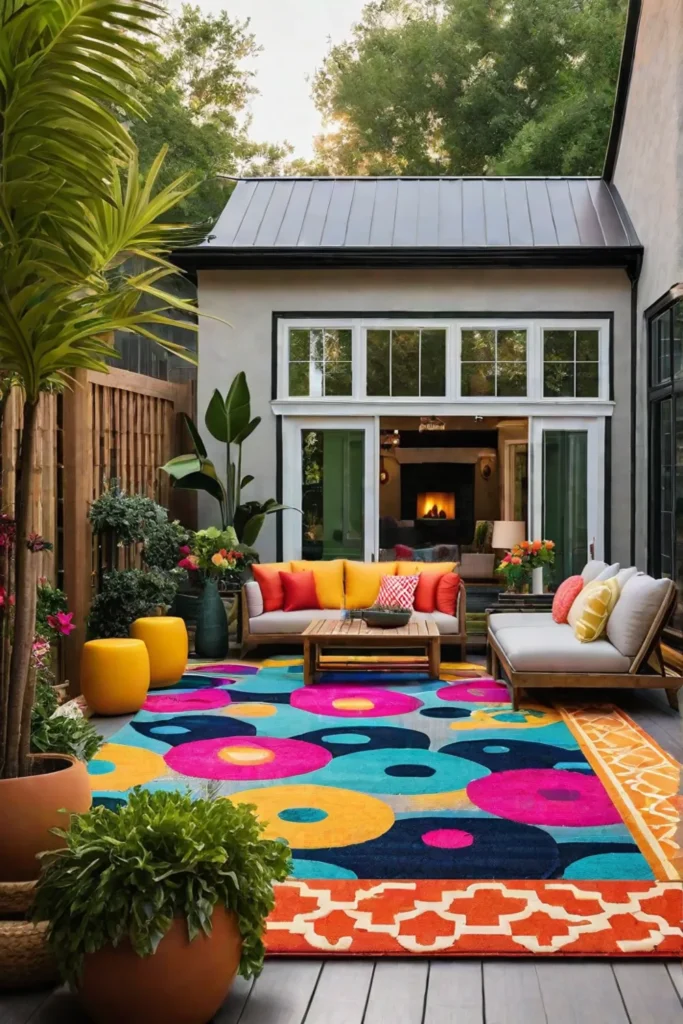 Backyard entertainment area with outdoor rug and colorful furniture