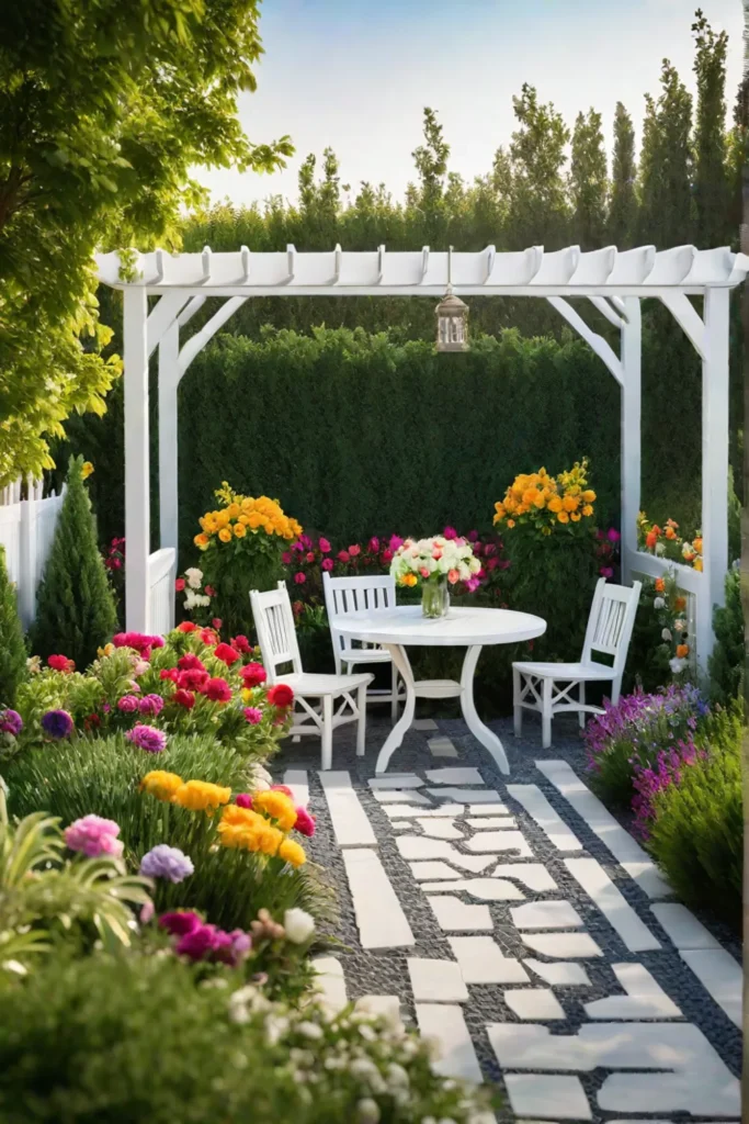 Backyard escape with flowers a path and a seating area