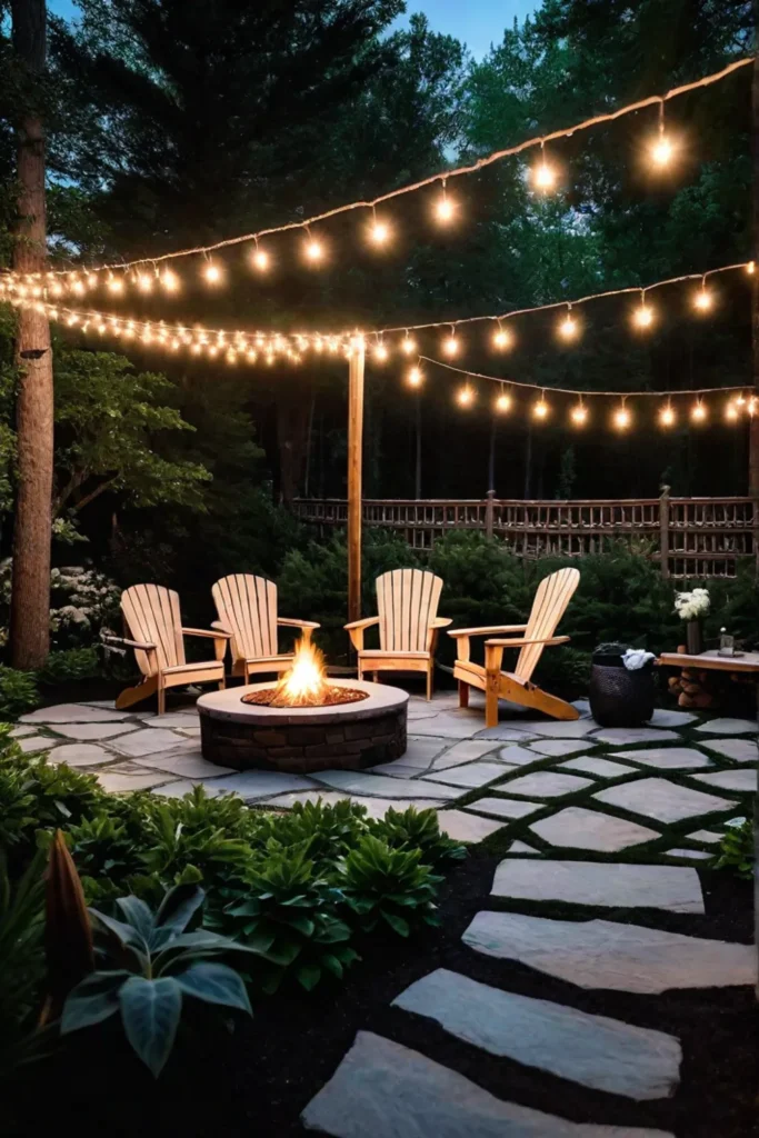 Backyard fire pit area with flagstone pathway and Adirondack chairs
