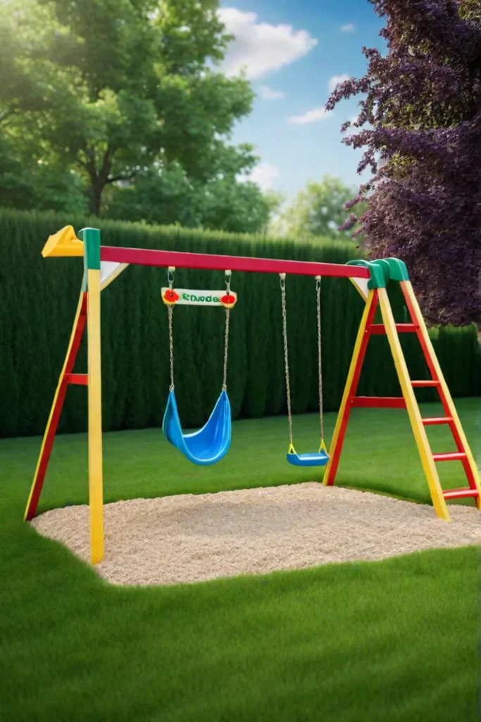 Backyard playground with a playset on a grassy lawn