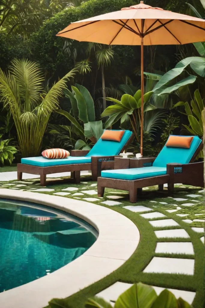 Backyard pool with lounge chairs and tropical landscaping