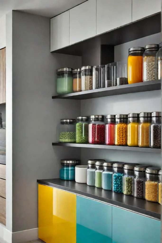 Balance of open and closed storage in a kitchen with colorful accents and frosted glass cabinet doors
