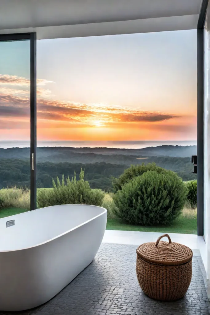 Bathroom with calming seascape view and natural light