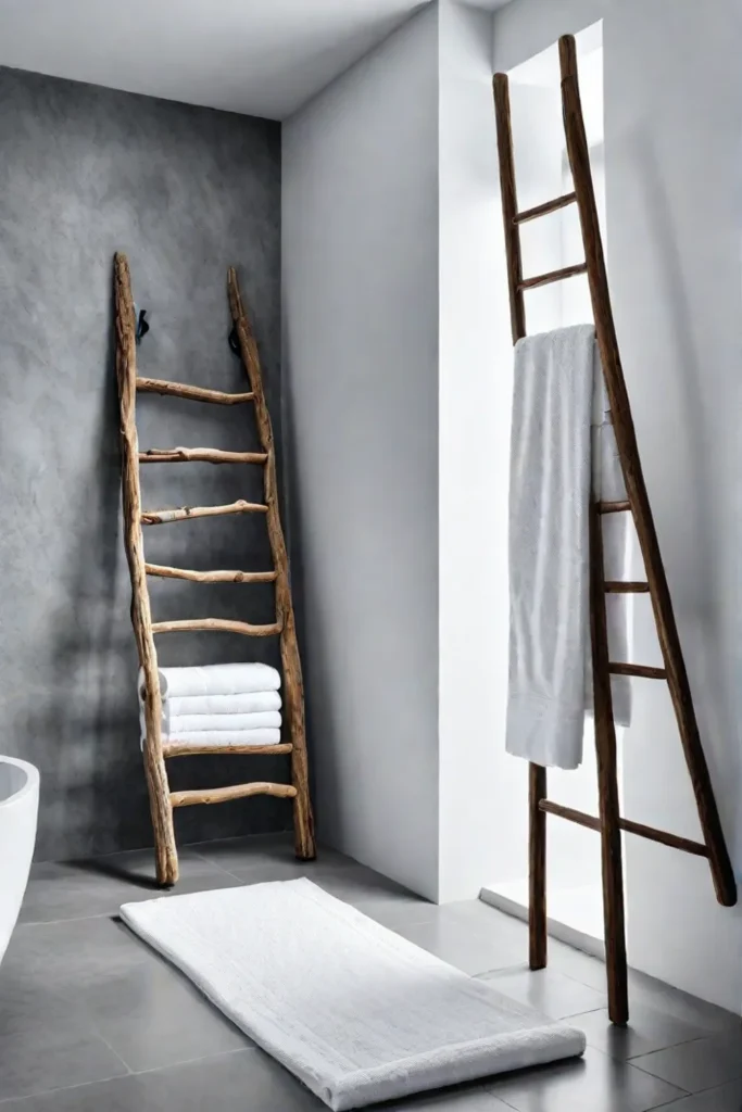 Bathroom with clawfoot tub and driftwood ladder
