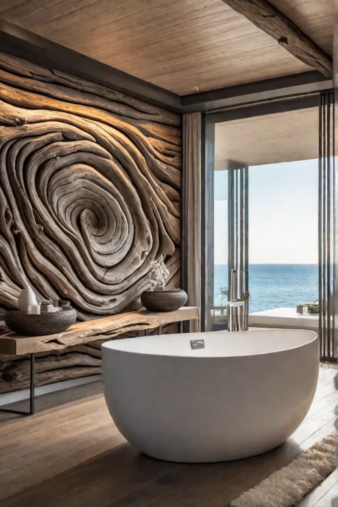 Bathroom with driftwood wall art and bathtub