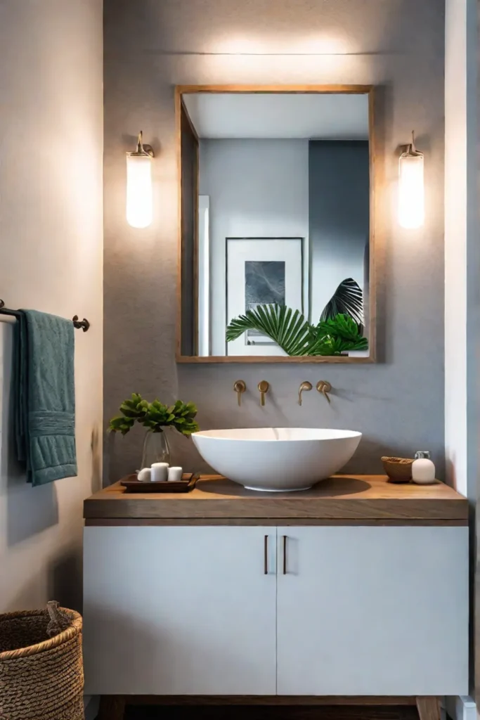Bathroom with gray walls and warm lighting