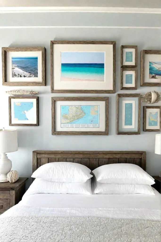 Beach house bedroom with weathered wood frames