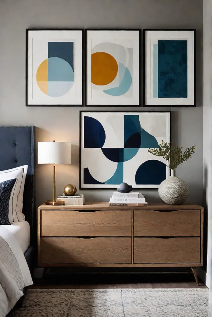 Bedroom dresser with a colorful abstract art focal point