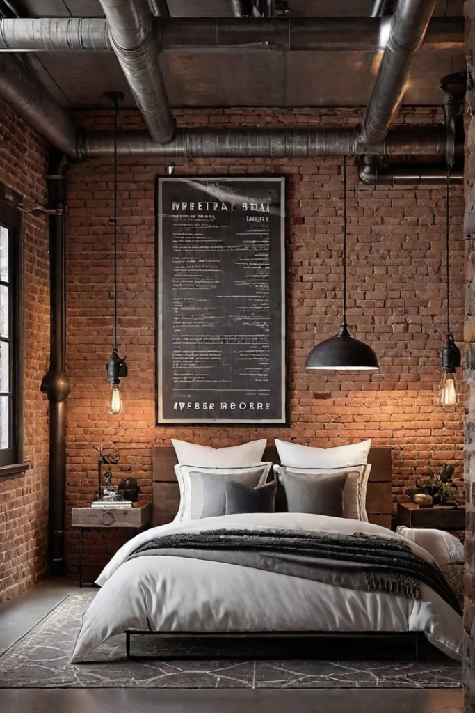 Bedroom with exposed brick and metal art