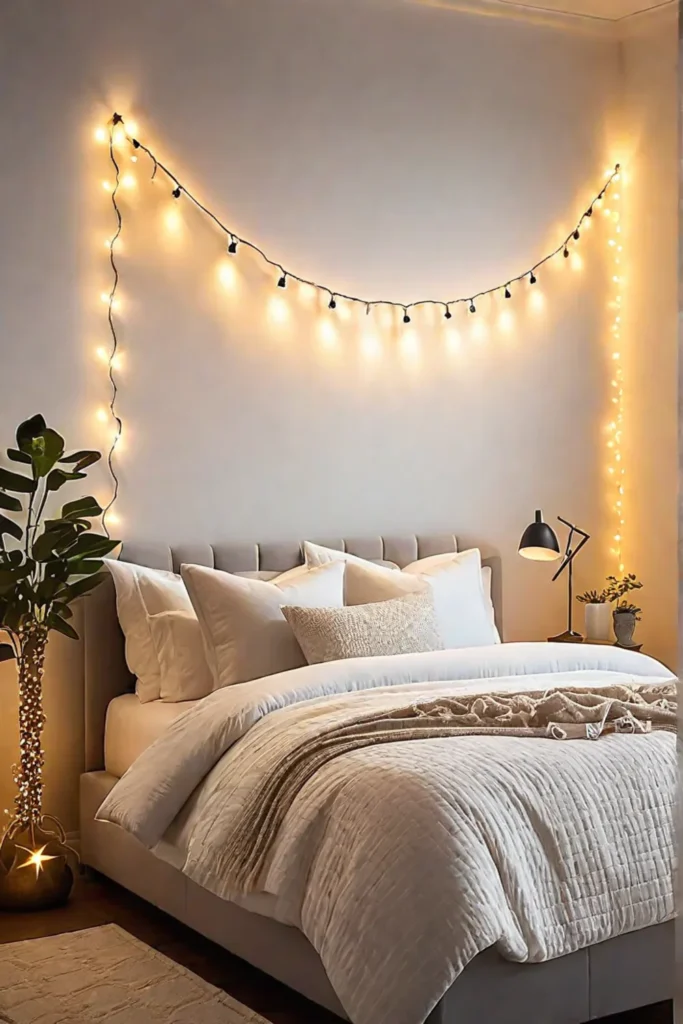 Bedroom with string lights creating a magical ambiance