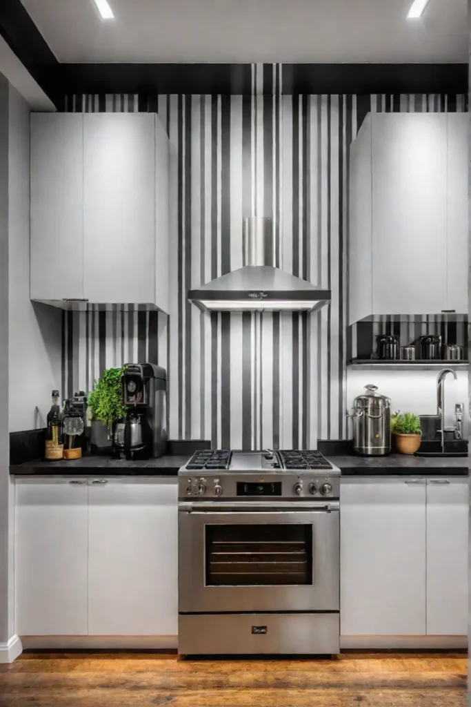 Black and white striped wallpaper in a galley kitchen
