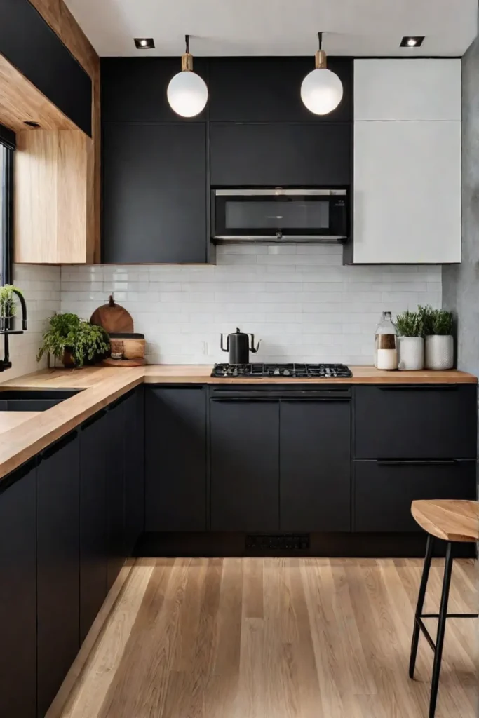 Black and wood kitchen cabinet combination