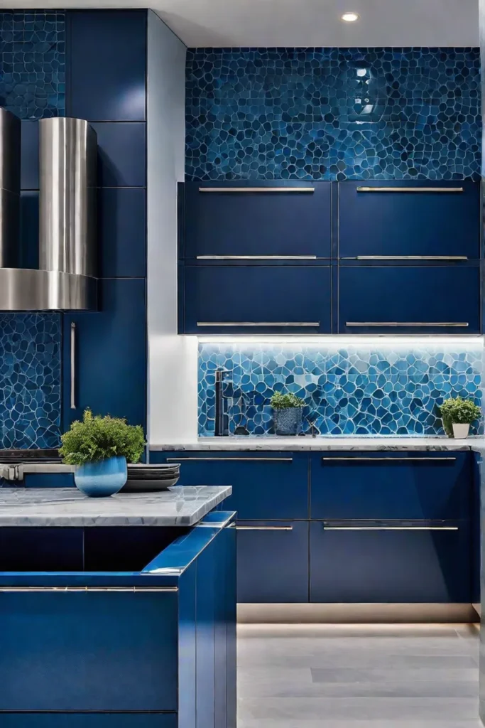 Blue color palette creates a calming atmosphere in a contemporary kitchen