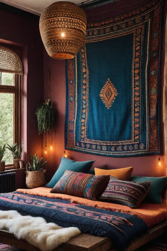 Bohemian bedroom with a colorful tapestry