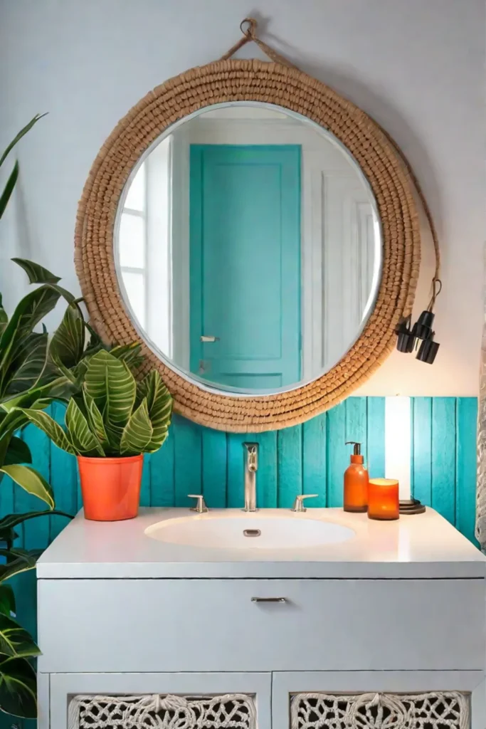 Bohemian coastal bathroom with driftwood and coral accents
