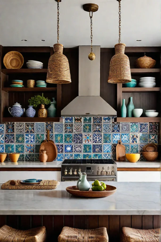 Bohemian kitchen with colorful tiles and textiles