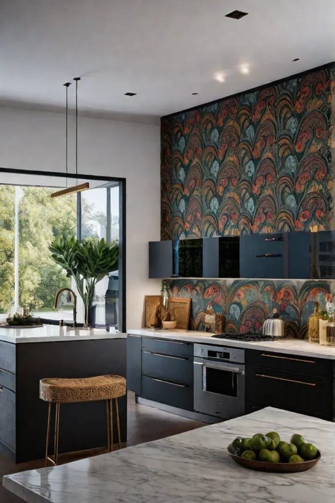 Bohemian kitchen with paisley wallpaper and vintage furniture