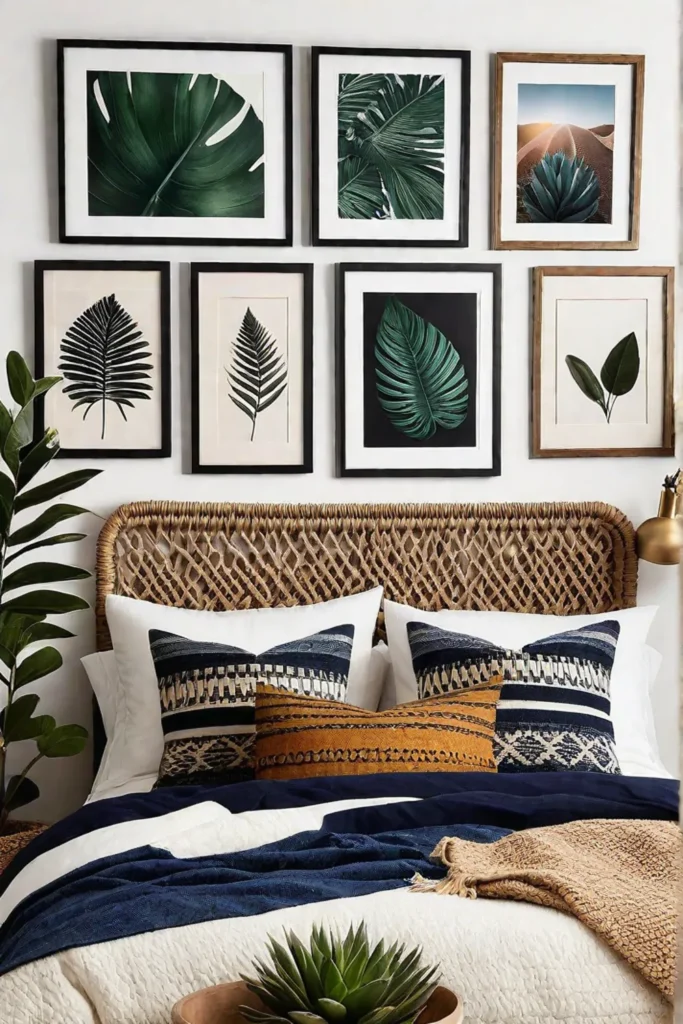 Boho gallery wall with woven art and botanical prints