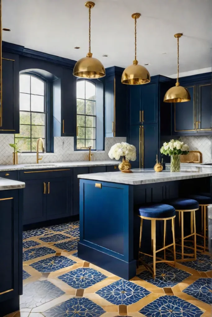 Bold kitchen design with deep blue cabinets and gold hardware