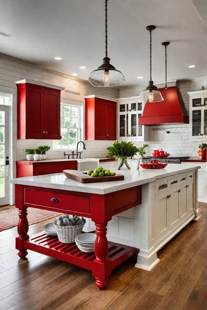 Bold red island as a focal point in a white farmhouse kitchen