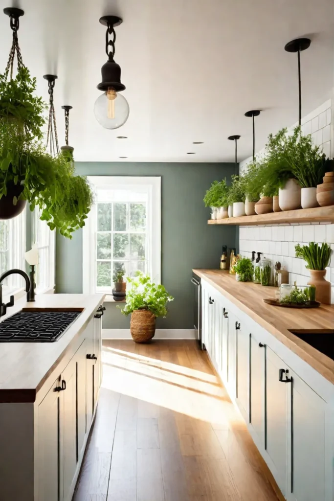 Botanical prints and fresh herbs adorn a small kitchen