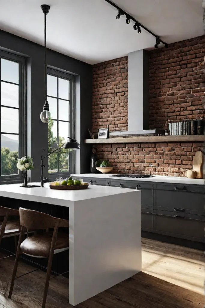 Brick wallpaper adding urban charm to an industrial kitchen design