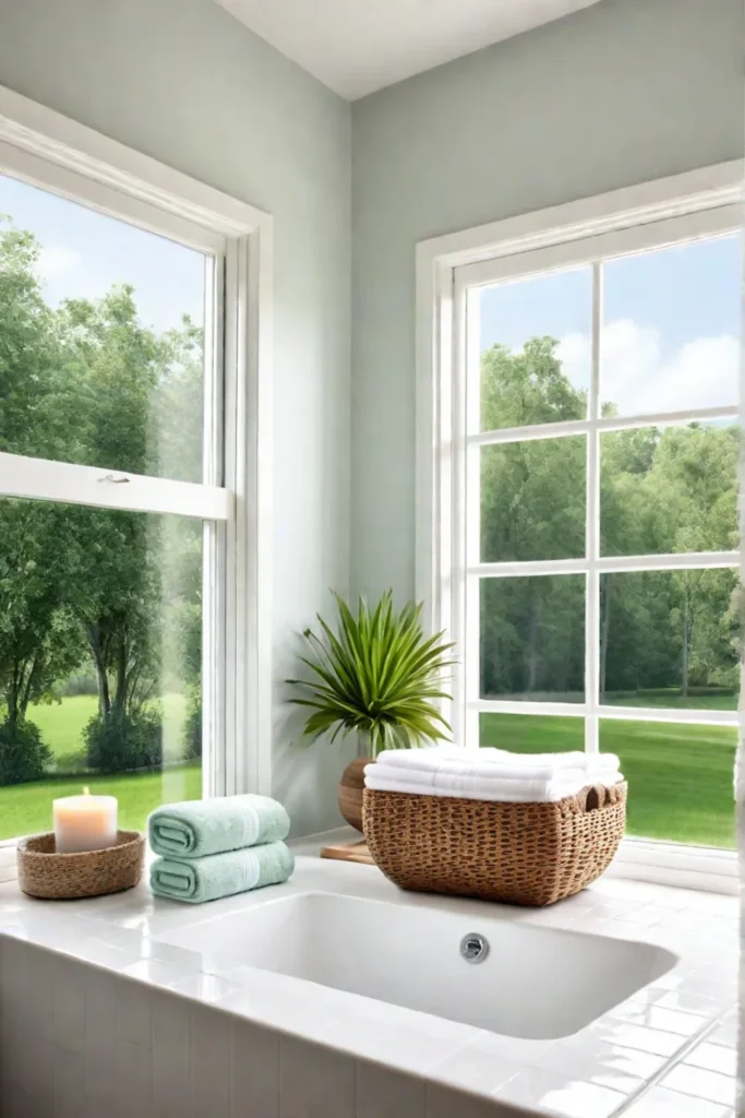 Bright bathroom with window and green landscape view