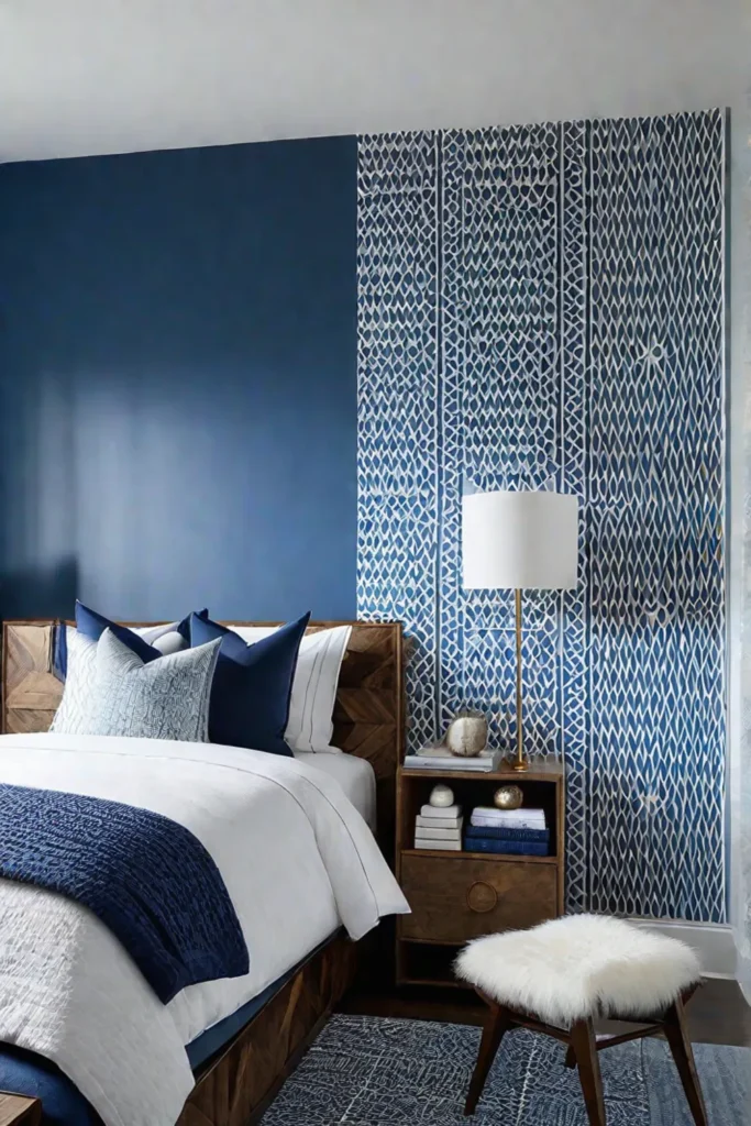 Calming blue bedroom with stenciled accent wall