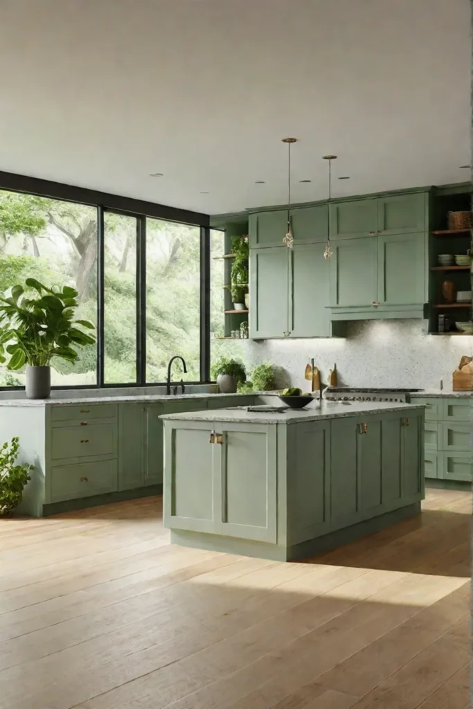 Calming kitchen design with natural wood and greenery