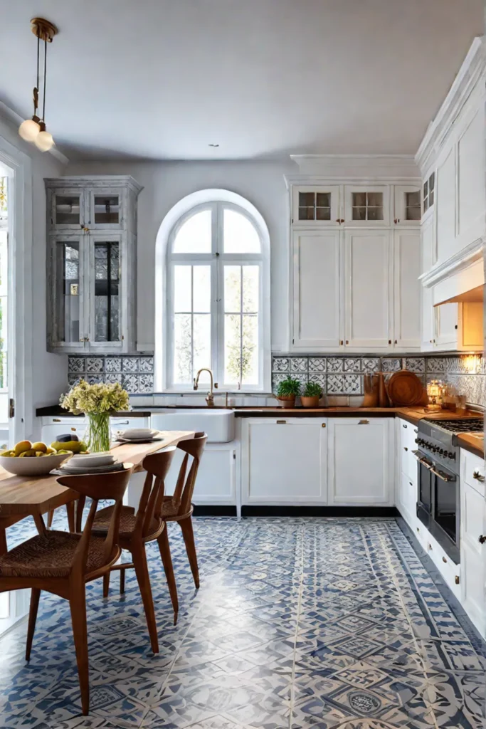 Charming kitchen with white cabinets and patterned tiles