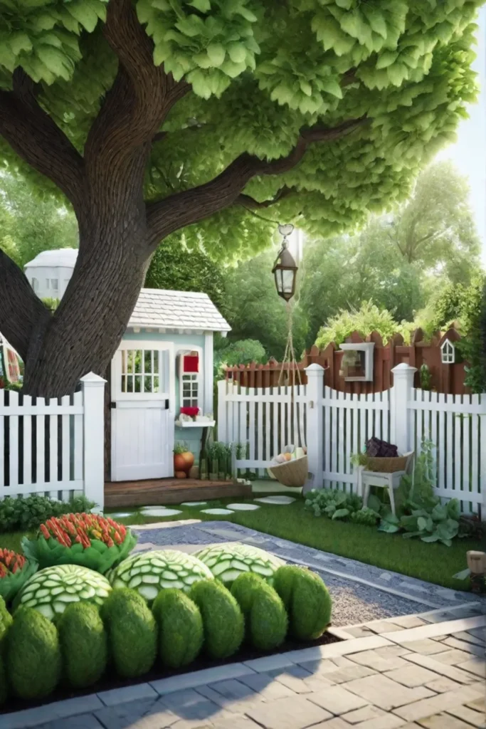 Charming oasis with a swing vegetable garden and play area
