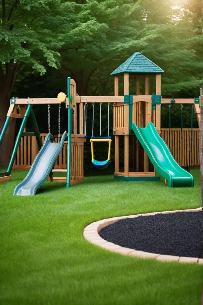 Childrens playset on a safe and inviting lawn