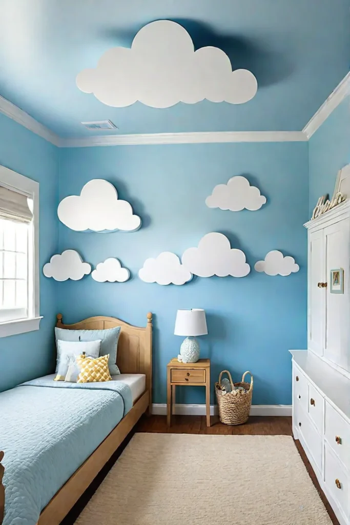 Childs bedroom with sky blue walls and cloud decals