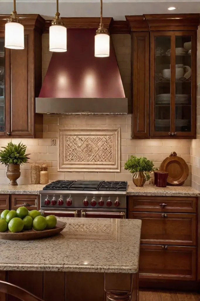 Classic kitchen design with burgundy and gold accents for a touch of elegance