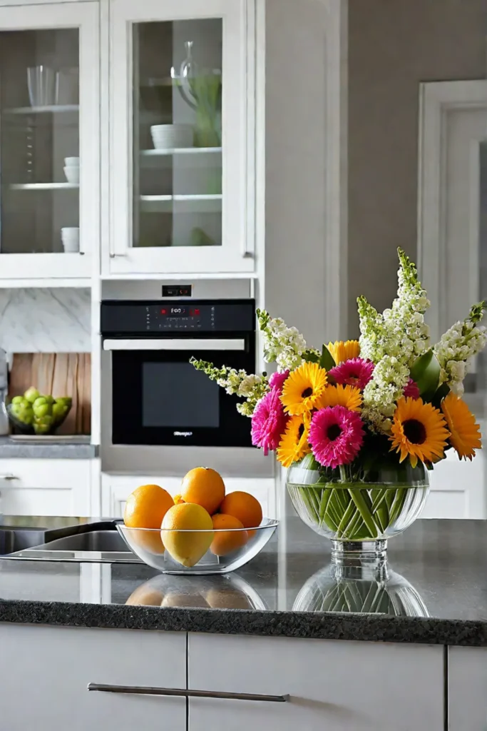 Clean and open kitchen space with a vase and fruit bowl