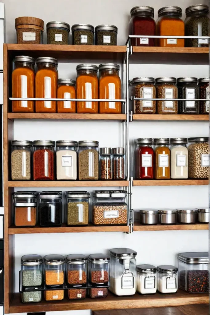 Clear containers and labeled spices on open shelves with a utensil pegboard in a cozy kitchen