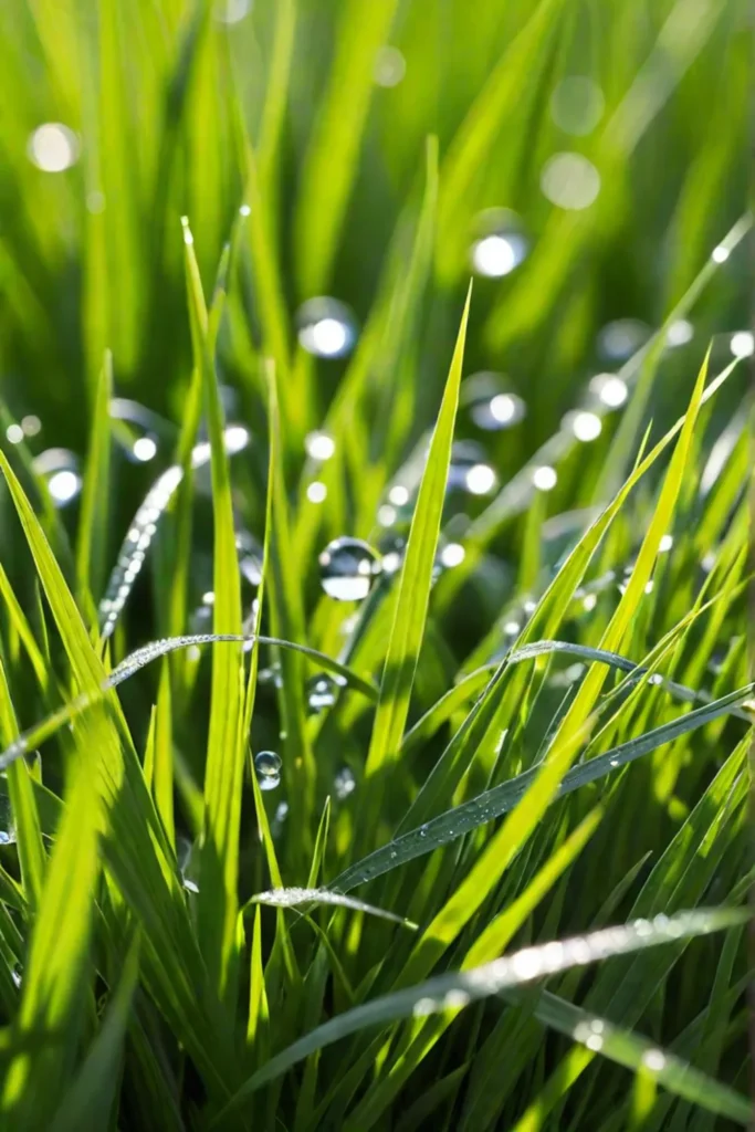 Closeup of healthy grass with water droplets