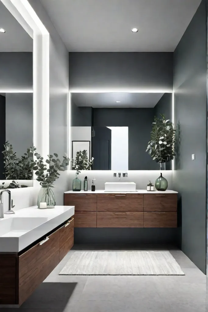 Clutterfree bathroom with vessel sink and eucalyptus
