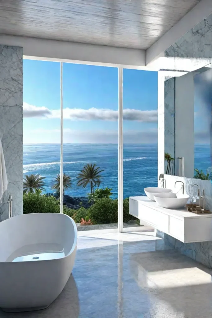 Coastal bathroom with natural stone and blue hues
