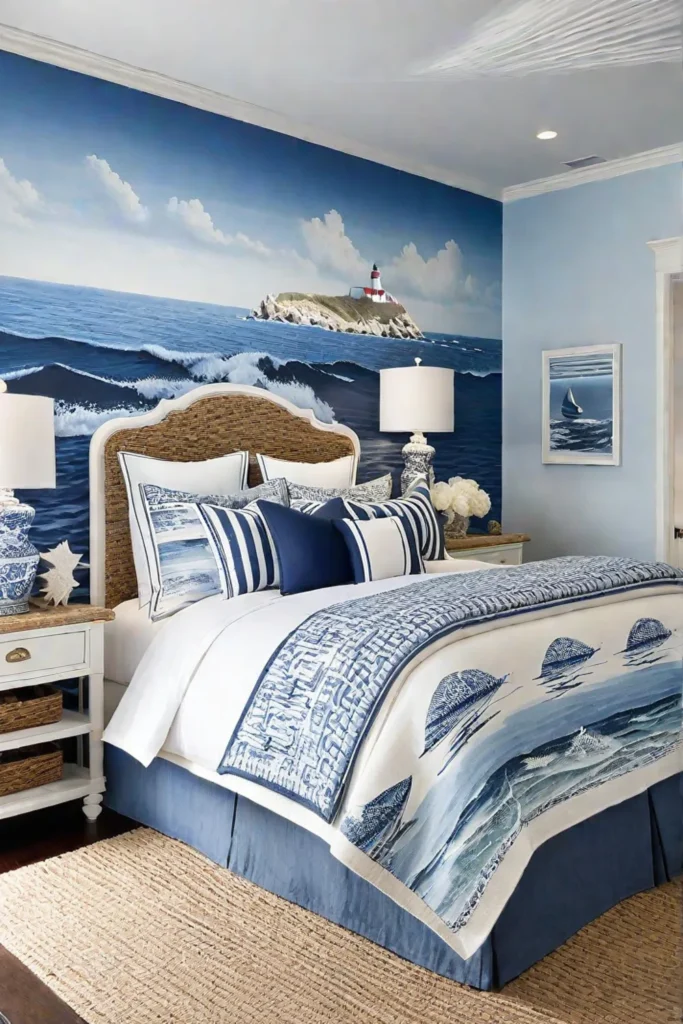 Coastal bedroom with a seascape mural