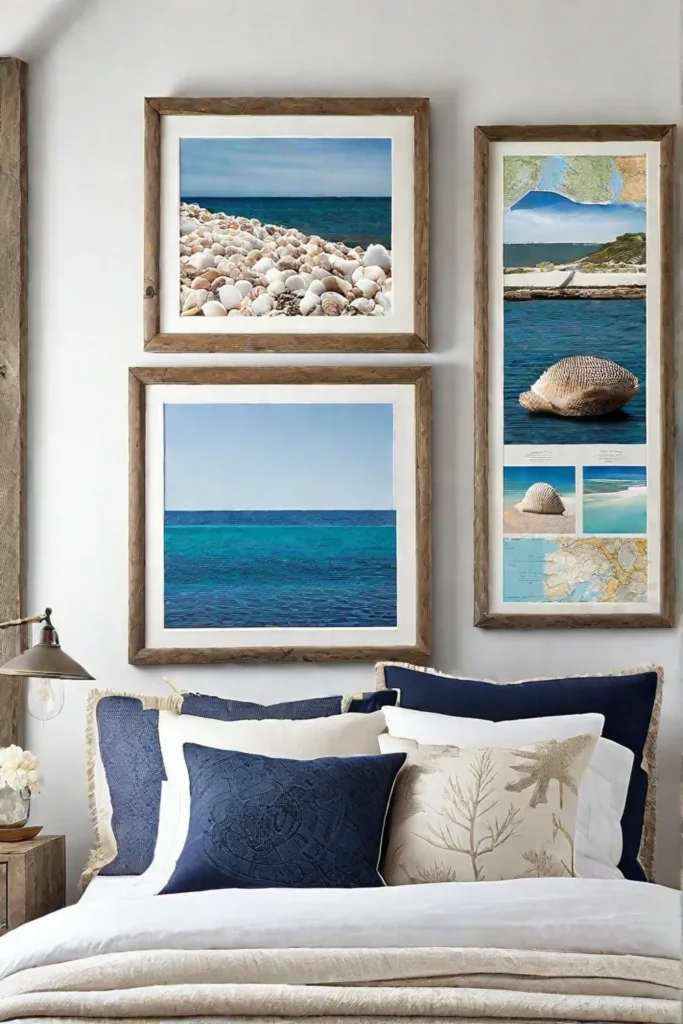 Coastal gallery wall with seascapes and nautical maps