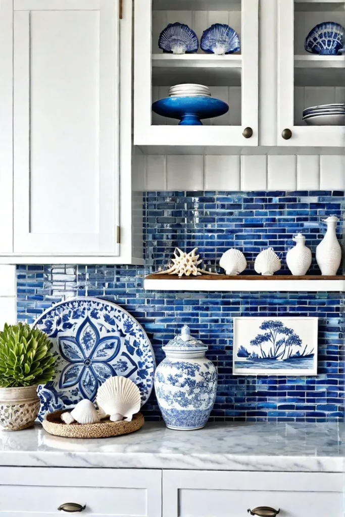 Coastal kitchen with blue and white accents and glass tile