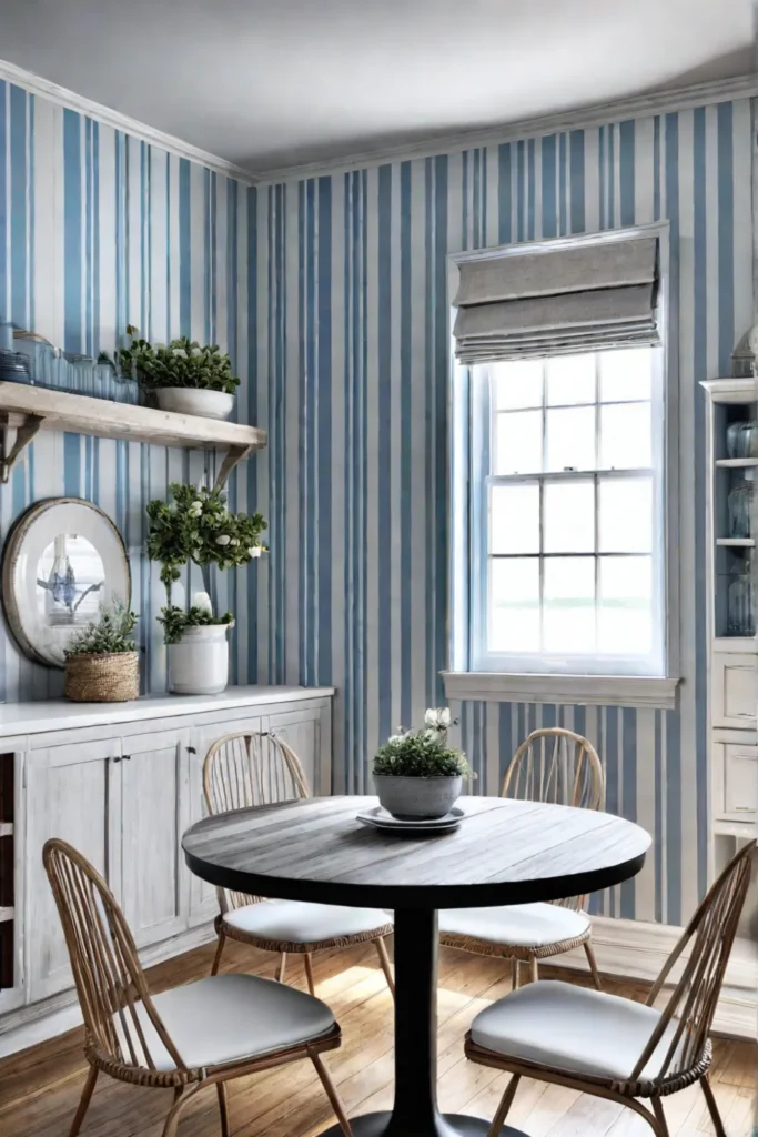 Coastal kitchen with blue and white striped wallpaper and white cabinets