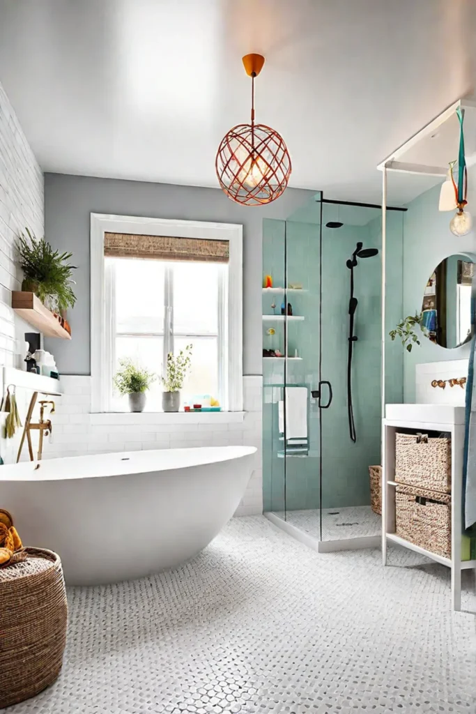 Colorful bathroom with whimsical mobile and ample storage